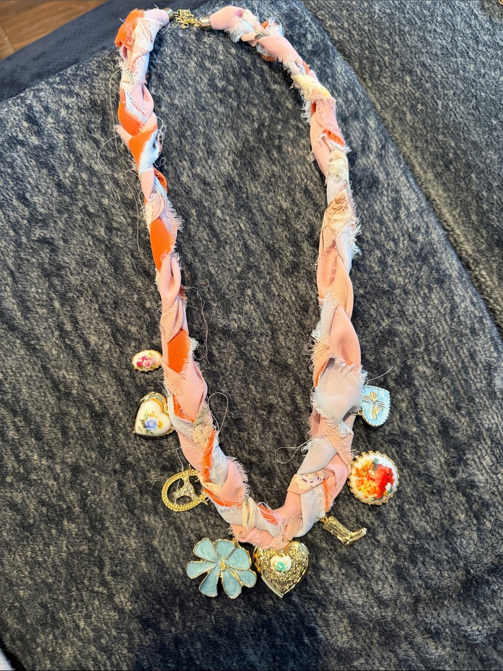 Pink/Orange Fabric Braided Charm Necklace - Floral Heart & Clover Charms